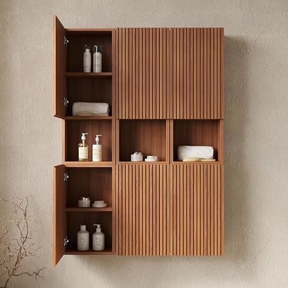 KEIKI Bathroom Wall Cabinet with Soft-Close Doors & Open Shelf, Brown Oak | Premium Wood Medicine Cabinet, Floating Storage Cabinet for Bathroom Kitchen Laundry Room
