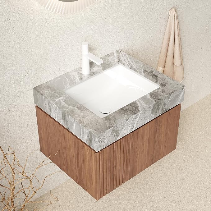 KEIKI 24 Inch Floating Bathroom Vanity with Sink, Brown Oak & Grey | Modern Wall Mounted Storage Cabinet with 2 Doors, Pre-assembled Wood Panels, Sintered Stone Top & Ceramic Basin Combo Set