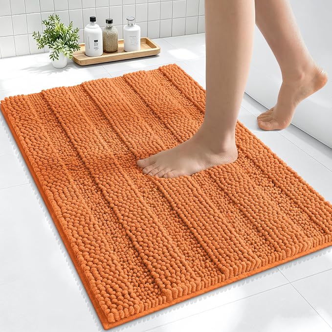 Smiry Thick Small Chenille Bathroom Rugs 24x16, Absorbent Bath Mat, Clay | Quick‑Dry & Machine Washable, Non‑Slip Bath Carpet, Soft Striped Bath Rugs for Tub & Shower, Modern Home Decor Accessories