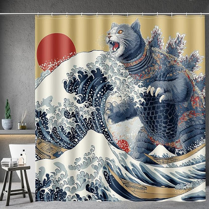 Aimego Funny Cat Shower Curtain Japanese Nautical Anime Ocean Sea Wave Cool Unique Asian Whimsical Humorous Bathroom Decor Bathtub Curtain Fabric Shower Curtain Set with 12 Hooks, 72"x72"