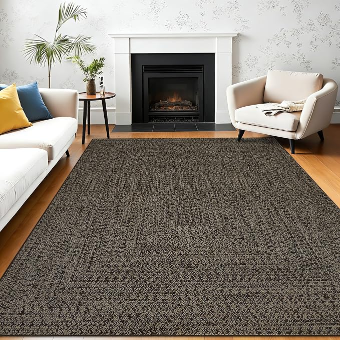 Printed Washable Rugs 10x13 Area Rug for Living Room Modern Bedroom Rug Print Braided Soft Large Area Rug Non Slip Throw Rugs Stain Resistant Carpet for Nursery Dining Room 10'x13' Black/Brown