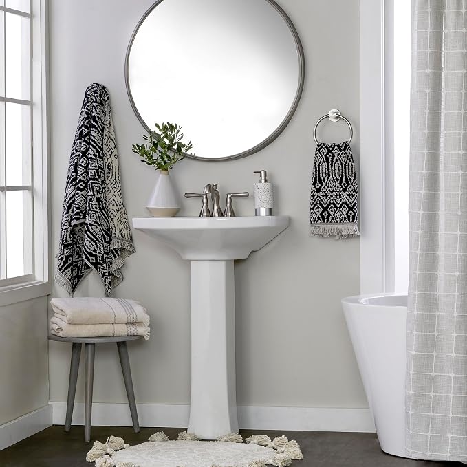 SKL Home Nador Bath Towel Set-4pc, Premium 100% Cotton, Black | 2 Bath towels, 2 hand towels. 600 GSM. Spa-level quality. Soft & absorbent. Reversible jacquard pattern with fringed hem.