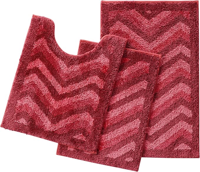 Hearth & Harbor Bathroom Rugs, Shaggy Plush Bath Mat, Ultra Soft Non Slip Backing Rubber, Chevron Design Bath Rug, Red, 3 Piece Set