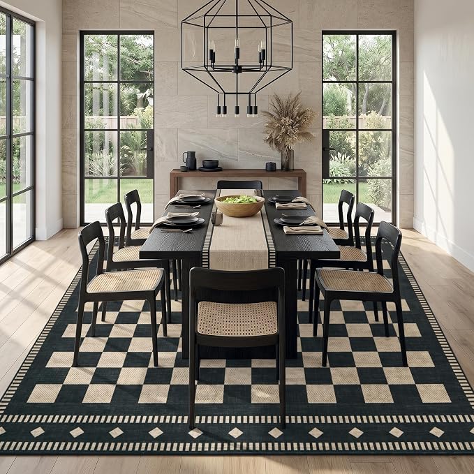Garvee Living Room Rug 10x14 Washable Non Slip Checkered Large Rugs Black | Vintage Geometric Throw Rugs Low Pile Soft Non Shedding Stain Resistant Carpet for Bedroom Dining Room Black 10'x14'