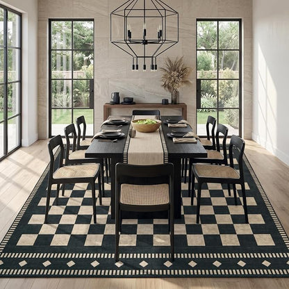 Garvee Washable Rugs 9x12 Charcoal Black Checkered Living Room Rug, Black | Non Slip Neutral Farmhouse Large Area Rug Soft Throw Rugs Stain Resistant Carpet for Dining Room Nursery Black 9'x12'
