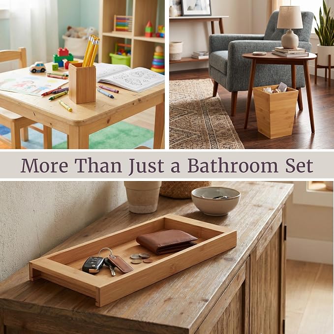 Lavish Home 5-Piece Bathroom Decor Set - Bamboo Bathroom Accessories with Trash Bin, Soap Dish, Soap Dispenser, Toothbrush Holder, and Tray (Natural)
