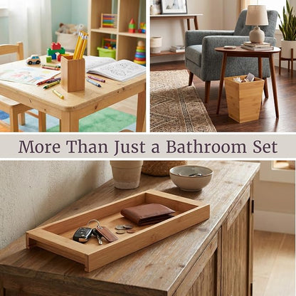 Lavish Home 5-Piece Bathroom Decor Set - Bamboo Bathroom Accessories with Trash Bin, Soap Dish, Soap Dispenser, Toothbrush Holder, and Tray (Natural)