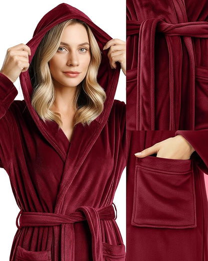 NY Threads Women's Fleece Hooded Bathrobe Plush Long Spa Robe, Medium
