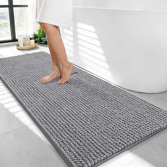 OLANLY Thick Chenille Bathroom Runner Rugs 44x24, Absorbent Bath Mat, Grey | Soft Bath Rugs, Rubber Backing, Machine Wash Dry, Bath Mats for Bathroom, Tub and Shower, Home Decor Accessories