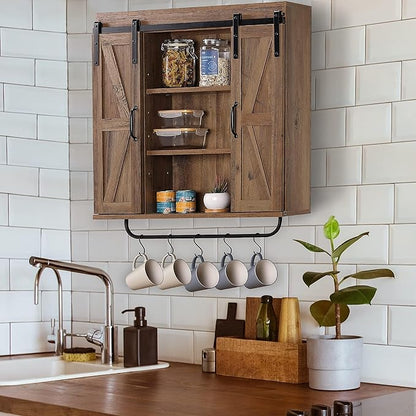RUSTOWN Rustic Wood Wall Storage Cabinet with Two Sliding Barn Door, 3-Tier Decorative Farmhouse Vintage Cabinet for Kitchen Dining, Bathroom, Living Room, Rustic Oak