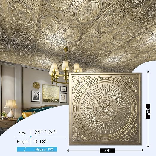 Art3d 12-Pack 2 x 2 ft Drop Ceiling Tiles for Interior Decor, Antique Gold | PVC, Waterproof, Lightweight, Shatterproof, Anti-Fade, Compatible with Grid System, Ideal for Kitchen, Bathroom, Basement