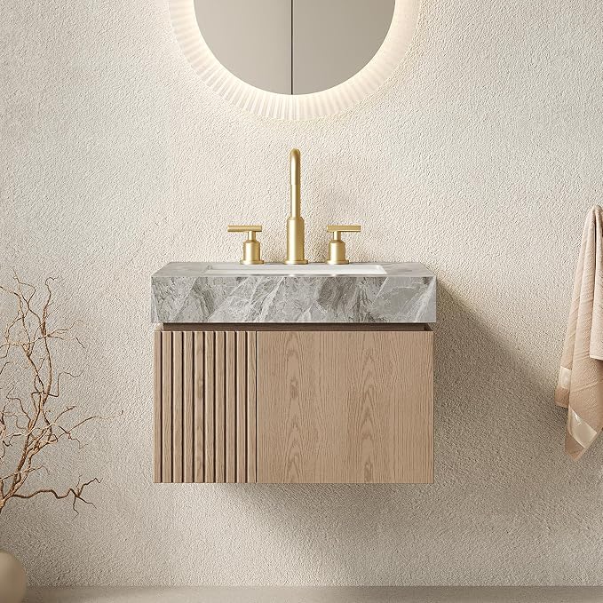 KEIKI 24 Inch Floating Bathroom Vanity with Sink, Light Brown & Grey | Modern Wall Mounted Storage Cabinet with 2 Doors, Pre-assembled Wood Panels, Sintered Stone Top & Ceramic Basin Combo Set
