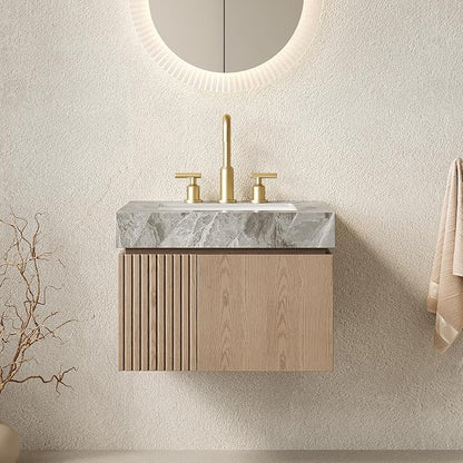 KEIKI 24 Inch Floating Bathroom Vanity with Sink, Light Brown & Grey | Modern Wall Mounted Storage Cabinet with 2 Doors, Pre-assembled Wood Panels, Sintered Stone Top & Ceramic Basin Combo Set