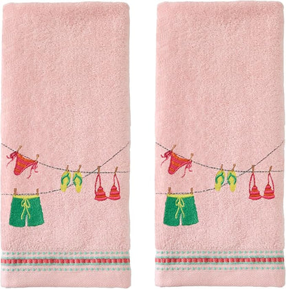 SKL Home Summer Clothesline Hand Towel Set-2pc, 100% Cotton, Blush | Decorative, embroidered velour. For use in the bathroom, kitchen or bar & makes a fun gift.