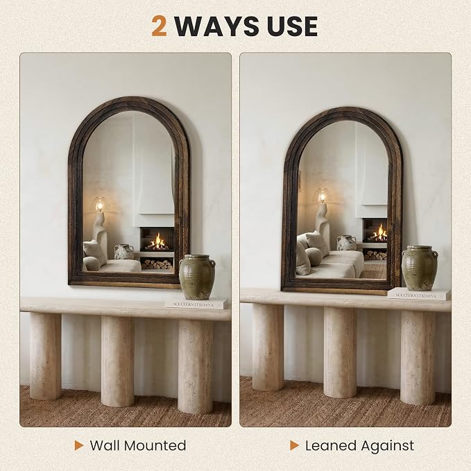 Arched Bathroom Mirror, 36"x24" Brown Wood Frame Wall Mirror | Farmhouse Vintage Vanity Mirror with Layered Frame for Entryway, Living Room, Bedroom