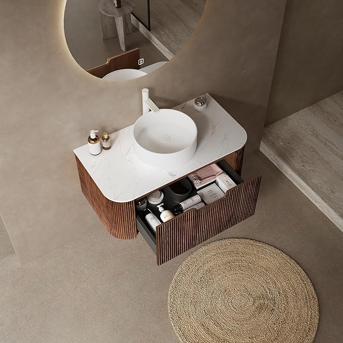 36'' Bathroom Vanities Cabinet with Sink Combo, Wall Mounted Floating Cabinet W/Curved Edges Stripes, Oak Plywood, Soft-close System with a Drawer, White Round Ceramic Basin - Kiel, Dark Walnut