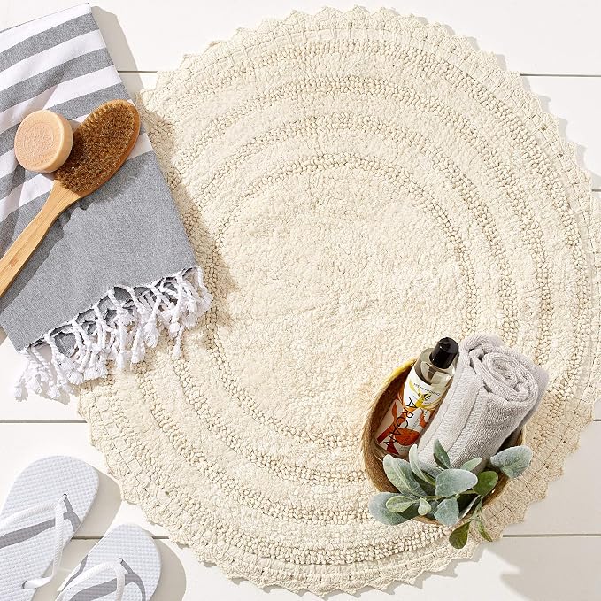 DII Crochet Collection Reversible Bath Mat, Round, 27.5" Diameter, Off-White