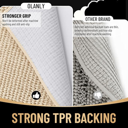 OLANLY Thick Chenille Bathroom Runner Rugs 47x24, Absorbent Bath Mat, Beige | Soft Bath Rugs, Rubber Backing, Machine Wash Dry, Bath Mats for Bathroom, Tub and Shower, Home Decor Accessories