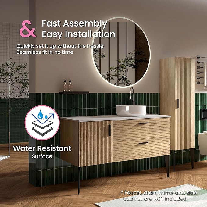 48 Inch Bathroom Vanity with Sink, Modern Striped Bathroom Cabinet with Engineered Stone Top, Soft-Closing Drawers, 1 Door, Large Storage for Small Bathroom, Natural Oak, Cypress Collection