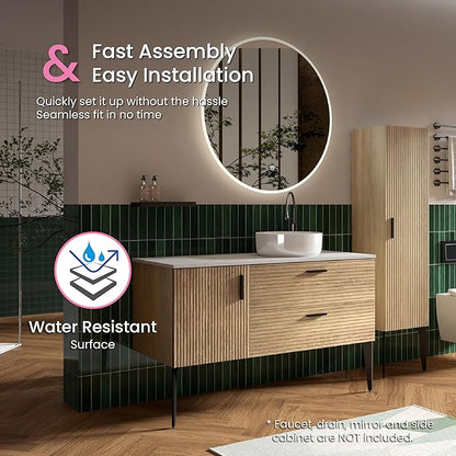 48 Inch Bathroom Vanity with Sink, Modern Striped Bathroom Cabinet with Engineered Stone Top, Soft-Closing Drawers, 1 Door, Large Storage for Small Bathroom, Natural Oak, Cypress Collection