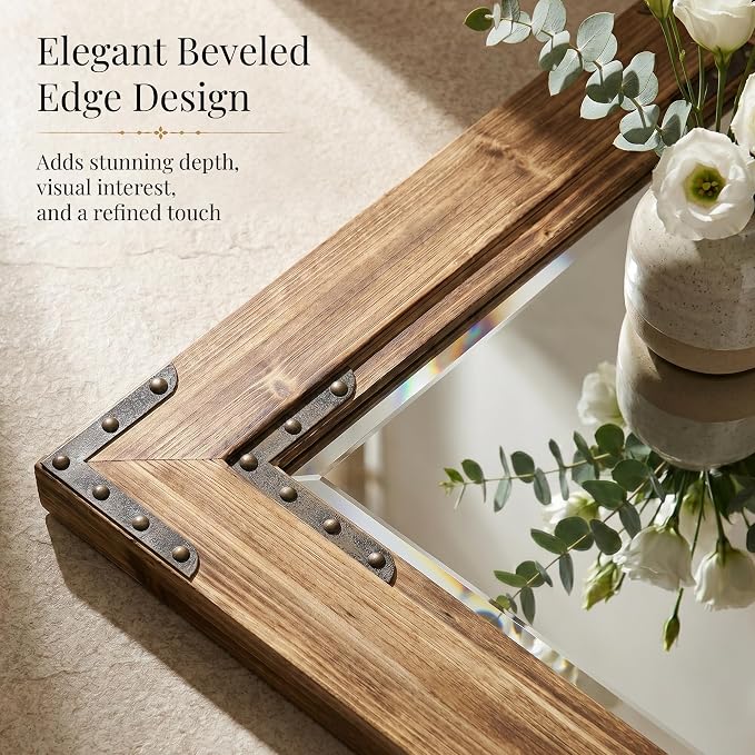 Rustic Brown 30x40 Inch Wood Bathroom Vanity Mirror, Rivets | Farmhouse style, deep weathered grain, larger vanities, mantels, dressers and entry consoles