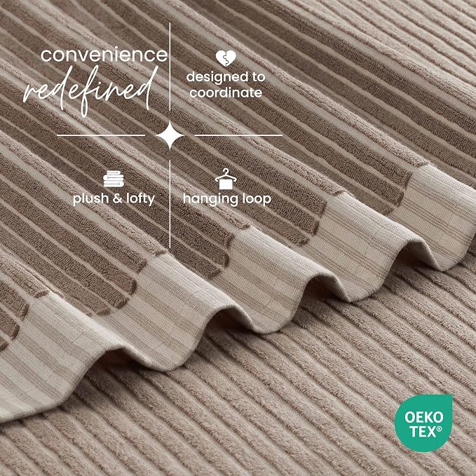 Martex Restore Sculpted Stripe Bath Towel – Soft, Absorbent, Moisture-Wicking and Quick to Dry – Lightweight for Everyday Use – Comfortable Feel with Convenient Loop for Hanging – 30" x 56" – Tan