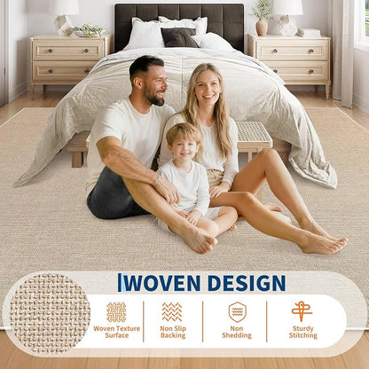 Garvee Modern Solid Washable Rug 8x10 Area Rugs for Living Room Tan | Woven Textured Ultra-Thin Rug Non Slip Non-Shedding Indoor Floor Mat Foldable Farmhouse Carpet for Bedroom Office Dining Room
