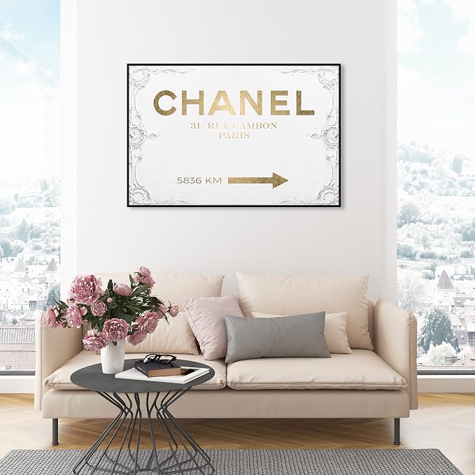 The Oliver Gal Artist Co. Typography and Quotes Contemporary Canvas Art - Couture Road Sign Rococo Gold, Wall Art for Living Room, Bedroom, and Bathroom, 45 in x 30, White and Gold Home Decor