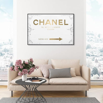 The Oliver Gal Artist Co. Typography and Quotes Contemporary Canvas Art - Couture Road Sign Rococo Gold, Wall Art for Living Room, Bedroom, and Bathroom, 45 in x 30, White and Gold Home Decor