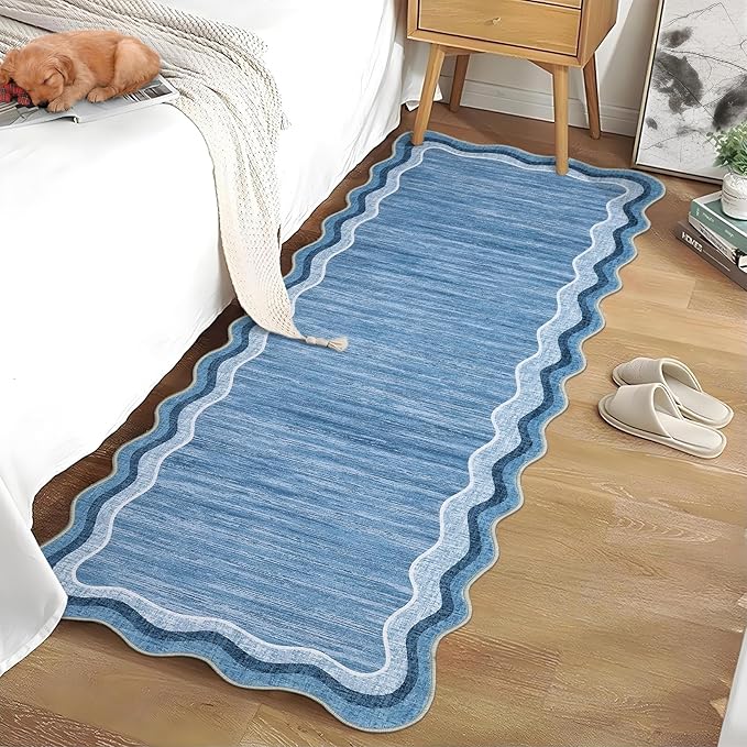 Garvee Washable Runner Rug 2x6 Modern Solid Scalloped Kitchen Runner Blue | Modern Long Runner Rug for Entryway Bedroom, Non Slip Low Pile Solid Runner Rugs for Entryway, Nursery Rugs Runner
