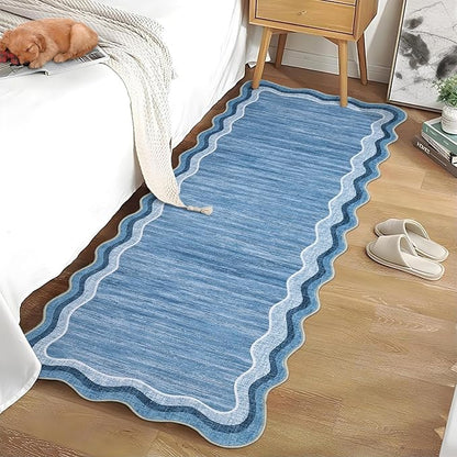 Garvee Washable Runner Rug 2x6 Modern Solid Scalloped Kitchen Runner Blue | Modern Long Runner Rug for Entryway Bedroom, Non Slip Low Pile Solid Runner Rugs for Entryway, Nursery Rugs Runner