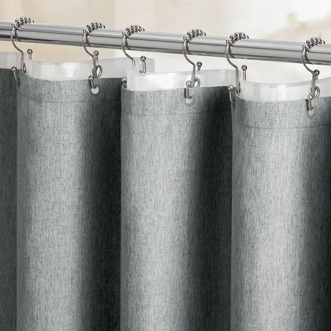 BTTN 72x78 Long 3 in 1 Linen Texture Shower Curtain with Liner, Grey/Gray | Tall Size, 230GSM Heavy Duty Polyester, Waterproof Clear Liner, Weighted Hem, 12 Plastic Hooks, Hotel Style, Machine Washable