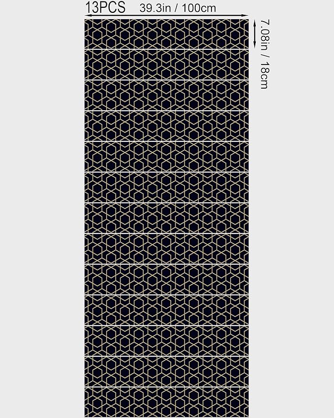 FLFK Stair Riser Decals - Rhombic Black and Gold Texture Stair Stickers Murals Peel and Stick Self-Adhesive for Home Decor, 39.3" W x 7.08" H x 13Pcs