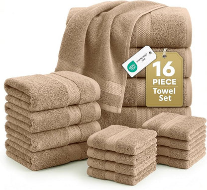 LANE LINEN Towel Set Quick Dry 100% Cotton 16 Piece Soft Absorbent - Taupe | Towels And Washcloths - Ring-Spun Durability, Terry Weave Comfort, Soft & Long-Lasting, Easy-Care