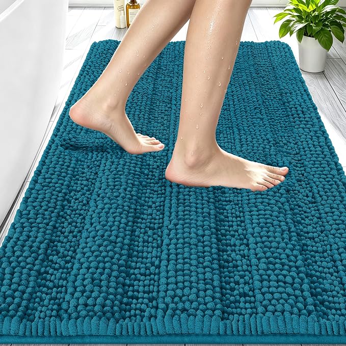 Smiry Thick Chenille Bathroom Rugs 30x20, Absorbent Bath Mat, Peacock Blue | Quick‑Dry & Machine Washable, Non‑Slip Bath Carpet, Soft Striped Bath Rugs for Tub & Shower, Modern Home Decor Accessories
