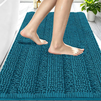 Smiry Thick Chenille Bathroom Rugs 30x20, Absorbent Bath Mat, Peacock Blue | Quick‑Dry & Machine Washable, Non‑Slip Bath Carpet, Soft Striped Bath Rugs for Tub & Shower, Modern Home Decor Accessories