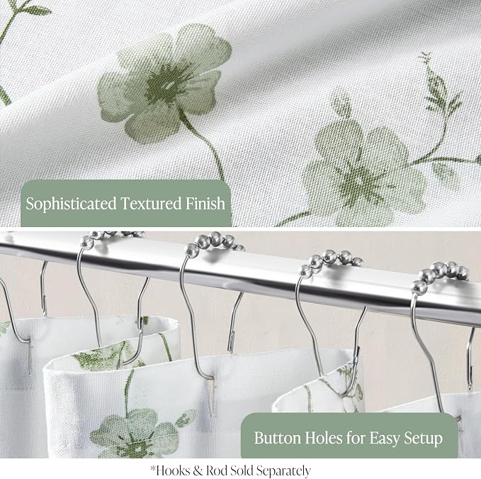 Martha Stewart Cotton Floral Extra Long Shower Curtain, 72 x 72, Sage Green | Martha's Garden Series, Botanical Floral Print, Spa Quality Modern, Machine Washable, Modern Bathroom Curtains