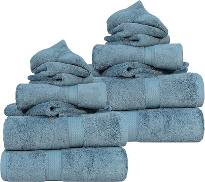 SUPERIOR Egyptian Cotton Ultra Plush & Absorbent, 12 Piece Set, Denim Blue | Heavyweight 12 Pc Egyptian Cotton Towel Set Includes 4 Bath Towels 4 Hand Towels 4 Washcloths Decorative Rope Border