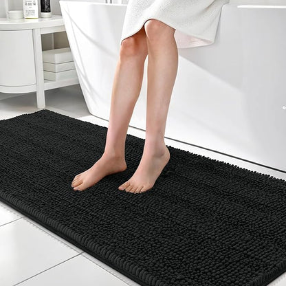 OLANLY Thick Bathroom Runner Rugs 70x24, Chenille Long Bath Rugs, Black | Soft Absorbent Striped, Rubber Backing, Machine Wash, Bath Mats for Bathroom Floor, Tub and Shower, Home Decor Accessories