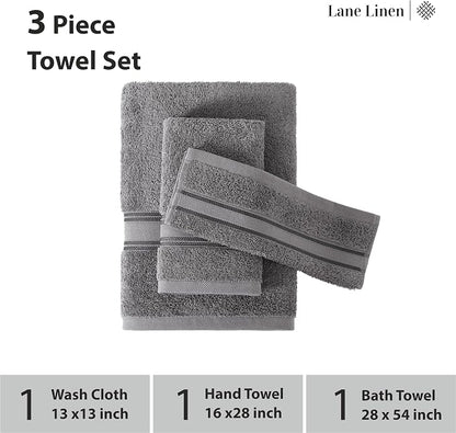 LANE LINEN Bathroom Towel Set 3 Piece Soft Absorbent Quick Dry - Cool Grey | Pack Of Towels - Coordinated Colors, Dobby Border Accent, OEKO-TEX Certified, Zero-Twist Durability, Zero-Twist Cotton
