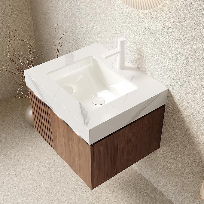 KEIKI 24 Inch Floating Bathroom Vanity with Sink, Brown Oak & White | Modern Wall Mounted Storage Cabinet with 2 Doors, Pre-assembled Wood Panels, Sintered Stone Top & Ceramic Basin Combo Set