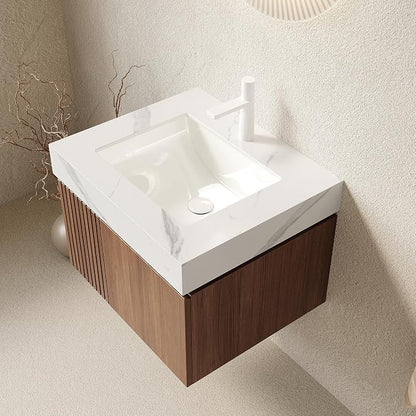 KEIKI 24 Inch Floating Bathroom Vanity with Sink, Brown Oak & White | Modern Wall Mounted Storage Cabinet with 2 Doors, Pre-assembled Wood Panels, Sintered Stone Top & Ceramic Basin Combo Set