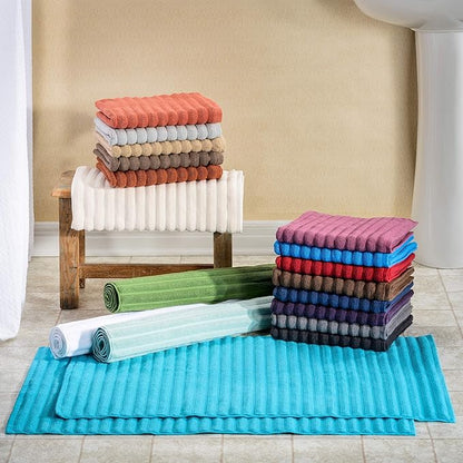Superior Striped Bath Mat 2-Pack, 100% Combed Cotton, Luxury Spa Ribbed Texture, Durable and Washable Bathroom Mats - Aster Blue, 22" x 35" each