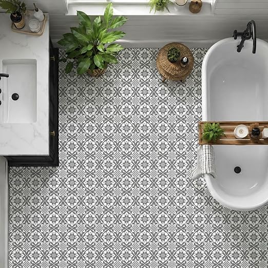 Gray White Floral Geometric Peel and Stick Floor Tiles 12x12 Inch 10PCS | Gray and white floral geometric pattern vinyl floor stickers for kitchen bathroom entryway and indoor home decor