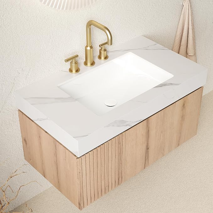 KEIKI 36 Inch Floating Bathroom Vanity with Sink, White Oak & White | Modern Wall Mounted Storage Cabinet w/ Drawer & Door, Pre-assembled Wood Panels, Sintered Stone Top & Ceramic Basin Combo Set