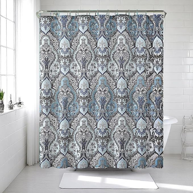 Decorative Blue & Silver Grey Gray Boho Fabric Shower Curtain, Modern Farmhouse for Vintage Rustic Bathroom Decor, Floral Victorian, 72 x 72 | 72" x 72", Easy Care, Washable, Modern Farmhouse Bath Decor Floral Victorian