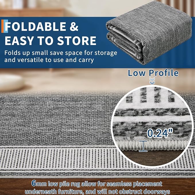 Garvee 2x6 Runner Rug Washable Hallway Runner Rug Non Slip Carpet Grey | Foldable Non-Shedding Bordered Design Entryway Rugs Low Pile Stain-Resistant Indoor Soft Rugs for Laundry Kitchen Bathroom