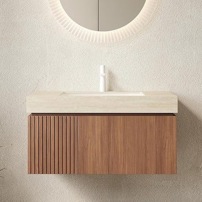 36” Floating Bathroom Vanity with Sink, Wall-Mounted Cabinet with Drawer & Doors, Roma Travertine-Pattern Countertop, Undermount Basin, Single Faucet Hole, Soft-Close, Pre-Assembled, Brown Oak