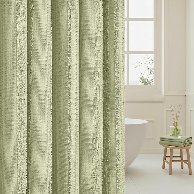 Sage Green Shower Curtain Boho, Cotton Blend Waffle Shower Curtain Farmhouse, Fabric Shower Curtains for Bathroom, Hotel, Washable 72 x 72