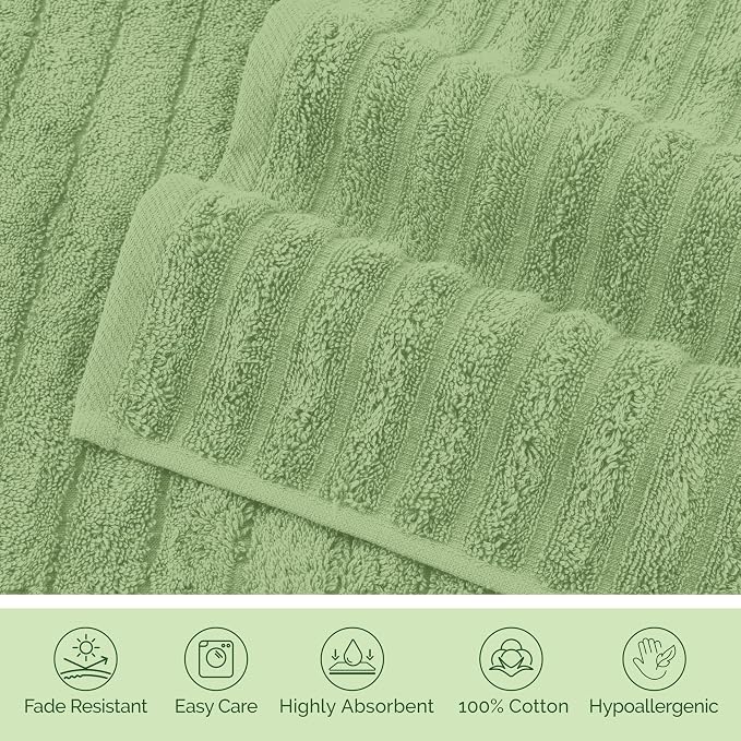 Elegant Comfort Luxury 100% Turkish Cotton Corduroy Ribbed 4 Pack Hand Towel Set 16 x 28 Inch - Absorbent, Super Soft, Quick Dry, Premium Towels for Bathroom, Gym, Spa and Hotel Use, Sage